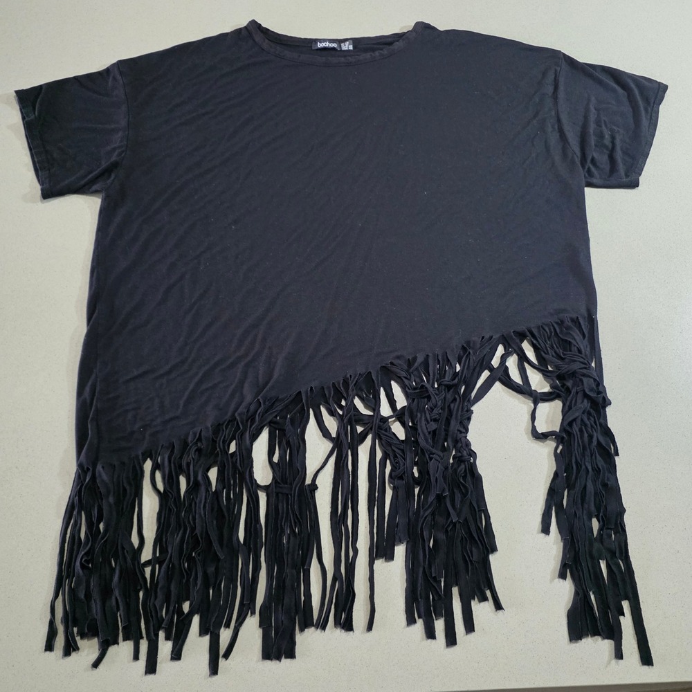 Boohoo Womens Black Asymmetrical Fringe Hem Short Sleeve T-Shirt Size 16